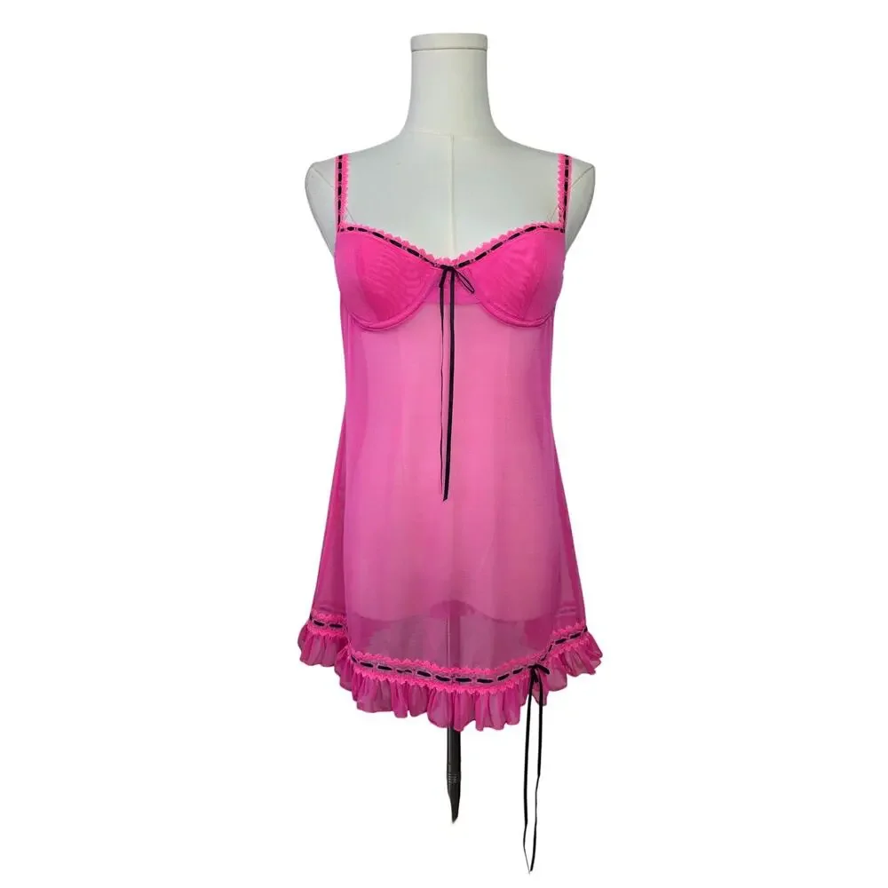 VS Hot Pink Sexy Mesh Lace-Detail Lingerie